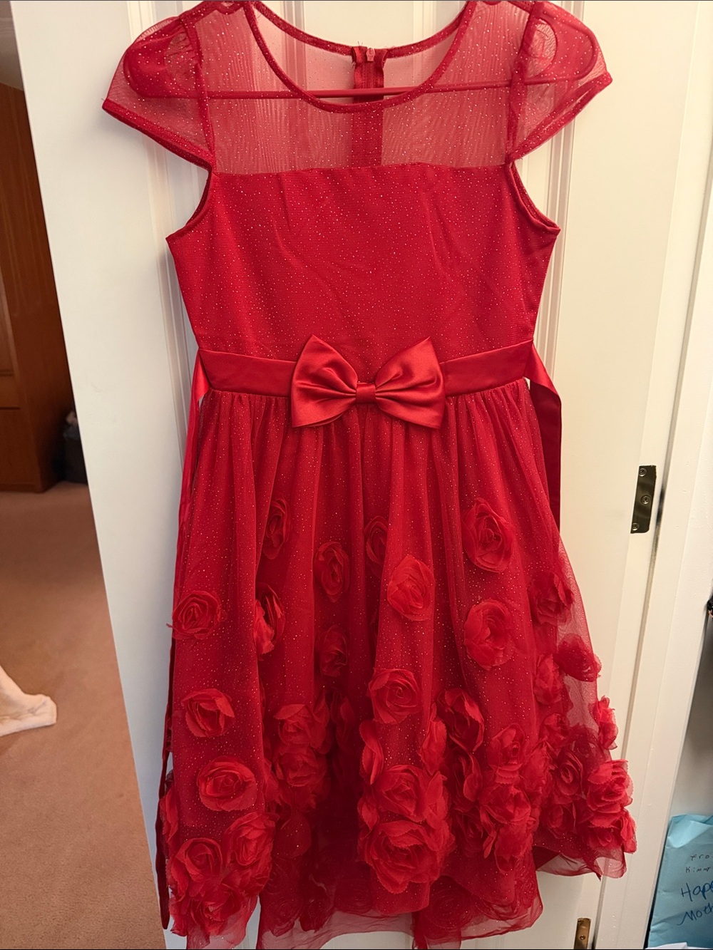 Girls Red Floral Tulle Party Dress with Bow